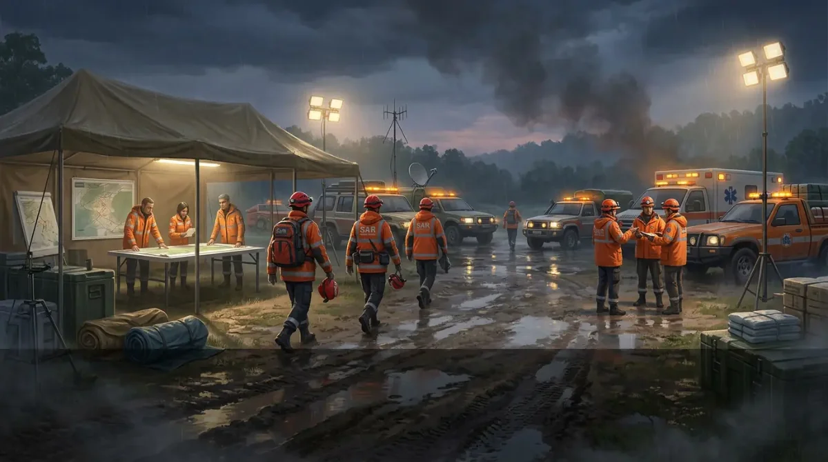 Search and rescue base camp at dusk — responders in high-visibility gear plan around a map table under a command tent while ambulances and trucks stage on a muddy road