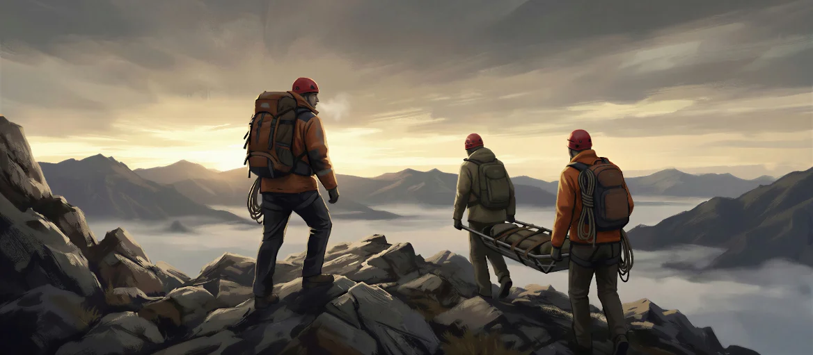 Three rescuers carrying a stretcher across a rocky mountain ridge above the clouds at first light