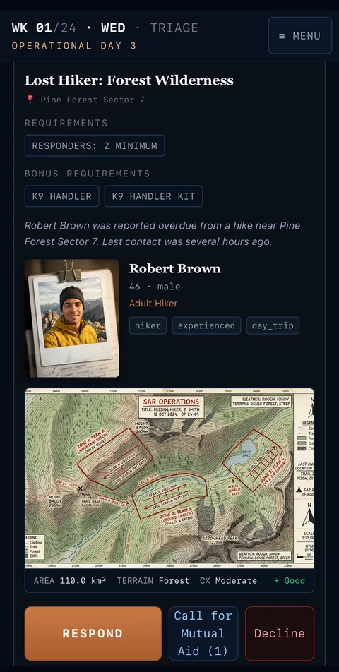 Game screenshot: incident briefing for a lost hiker in forest wilderness, showing the subject's profile and a search area map