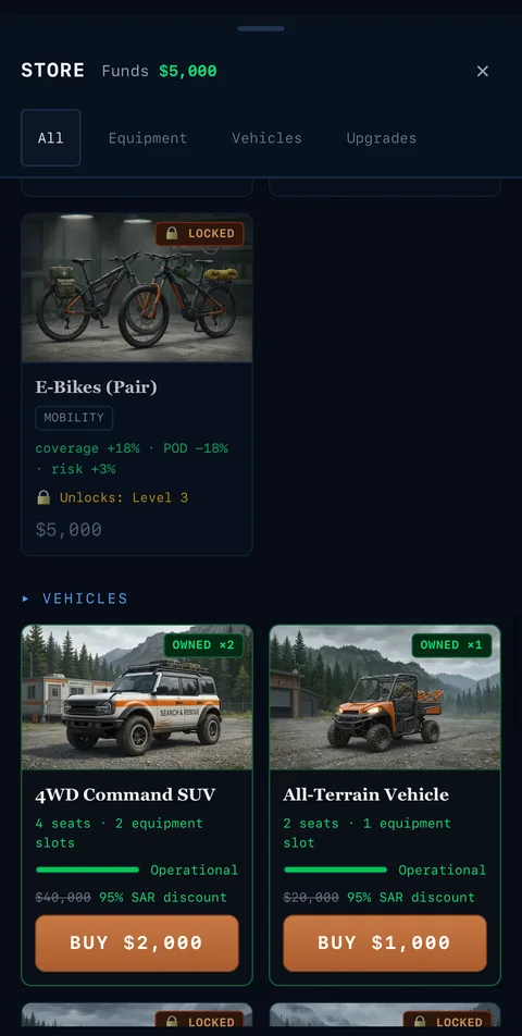 Game screenshot: the unit store with bikes, an off-road SUV, and an all-terrain vehicle available to purchase