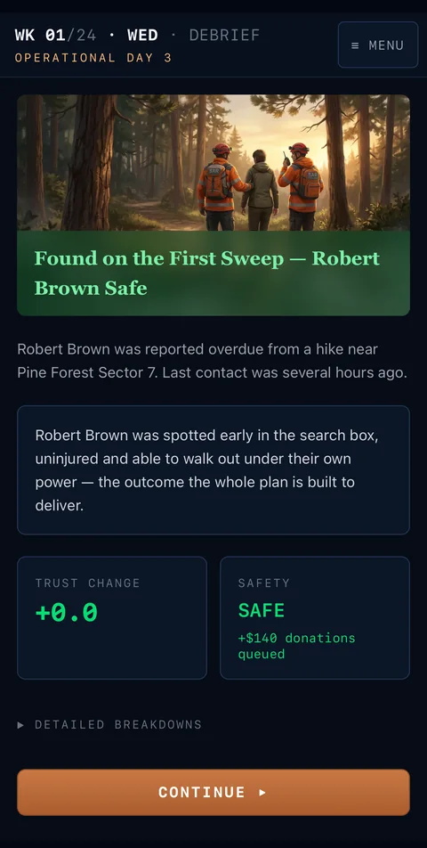 Game screenshot: mission debrief — subject found safe on the first sweep, with a trust increase for the unit